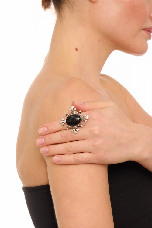 Kiraz Black Stoned Silver Plated Ring