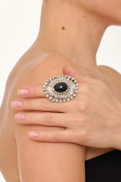 Kiraz Black Stoned Silver Plated Ring