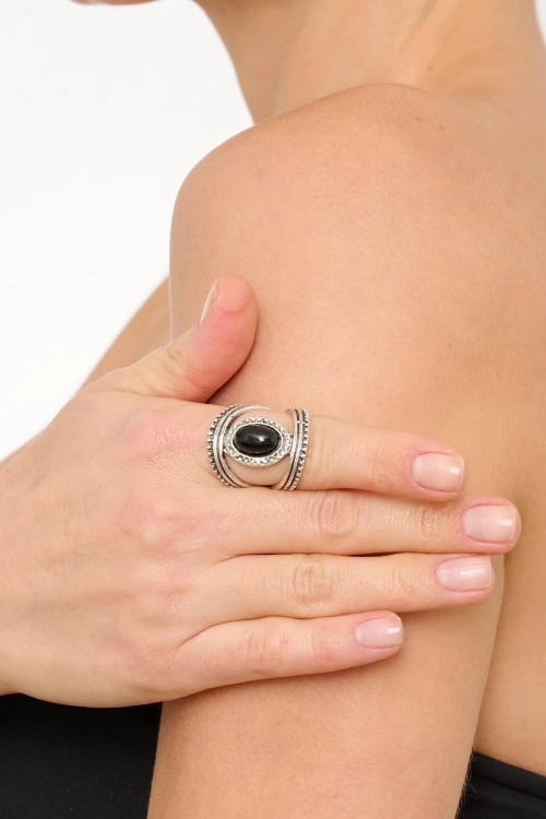 Kiraz Black Stoned Silver Plated Ring