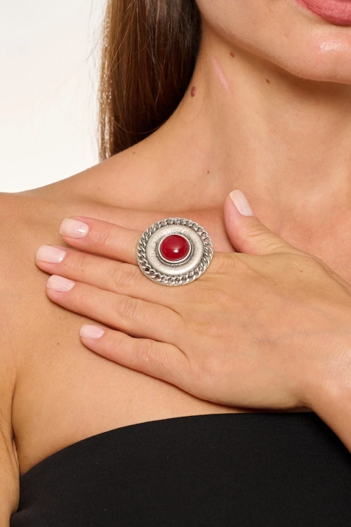 Kiraz Burgundy Stoned Silver Plated Ring