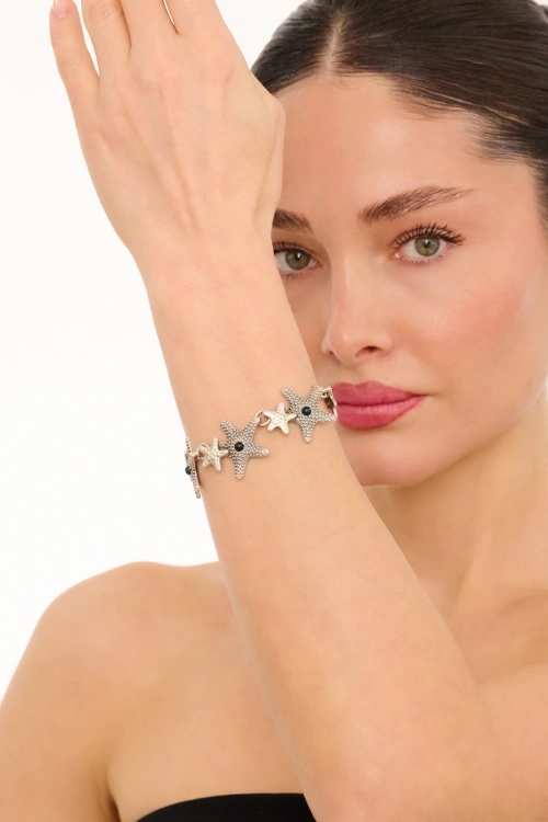 Kiraz Black Stoned Silver Plated Seashell Bracelet