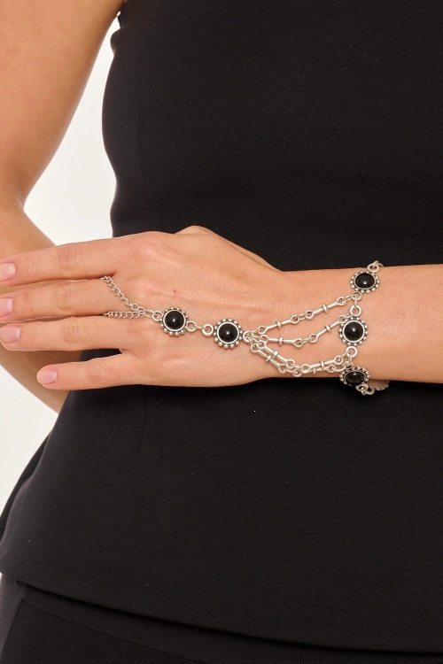 Kiraz Black Stoned Silver Plated Shahmaran Bracelet