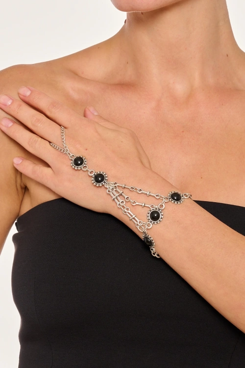 Kiraz Black Stoned Silver Plated Shahmaran Bracelet