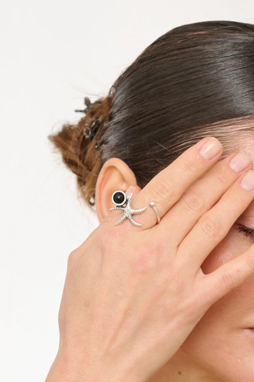 Kiraz Black Stoned Silver Plated Starfish Ring
