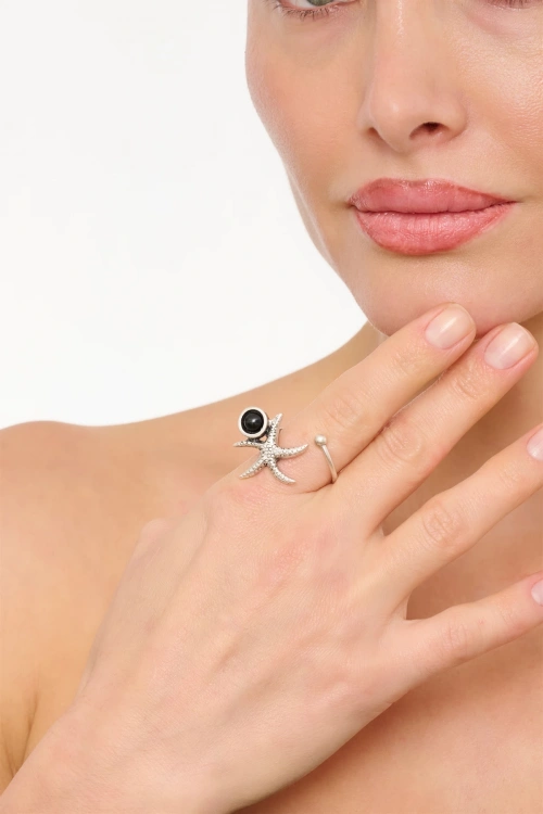 Kiraz Black Stoned Silver Plated Starfish Ring