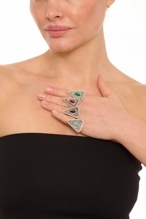 Kiraz Black Stoned Silver Plated Triangle Ring