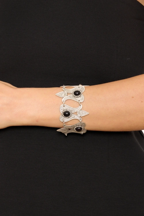 Kiraz Black Stoned Silver Plated Tulip Bracelet