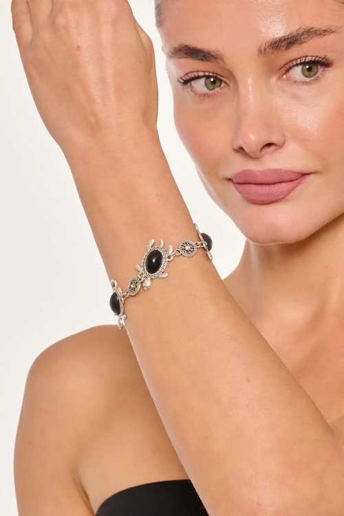 Kiraz Black Stoned Silver Plated Turtle Bracelet