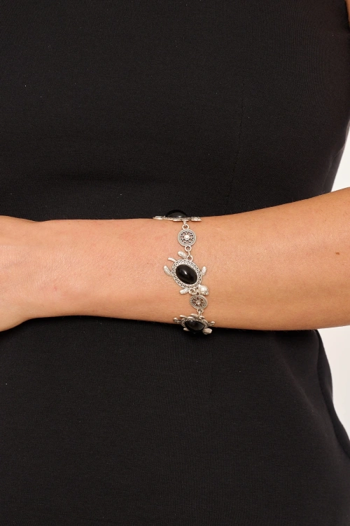 Kiraz Black Stoned Silver Plated Turtle Bracelet