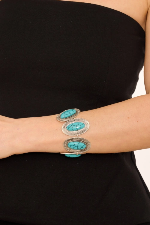 Kiraz Black Striped Turquoise Stoned Silver Plated Bracelet