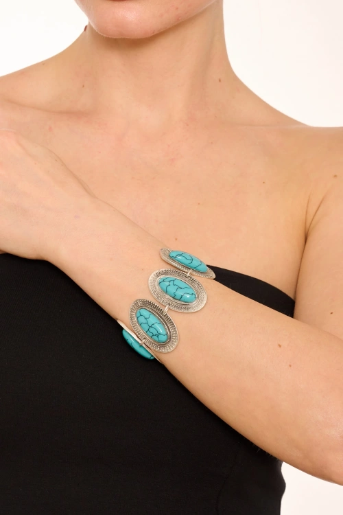 Kiraz Black Striped Turquoise Stoned Silver Plated Bracelet