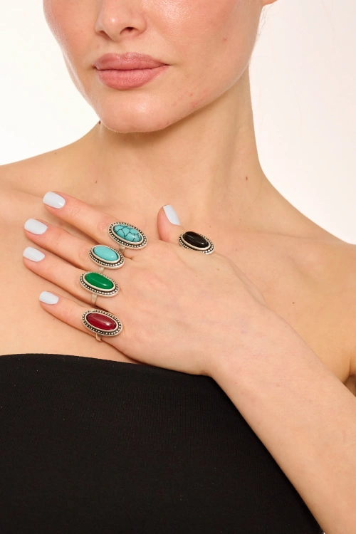 Kiraz Black Striped Turquoise Stoned Silver Plated Ring