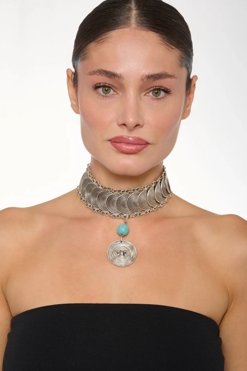 Kiraz Blue Beaded Silver Plated Choker