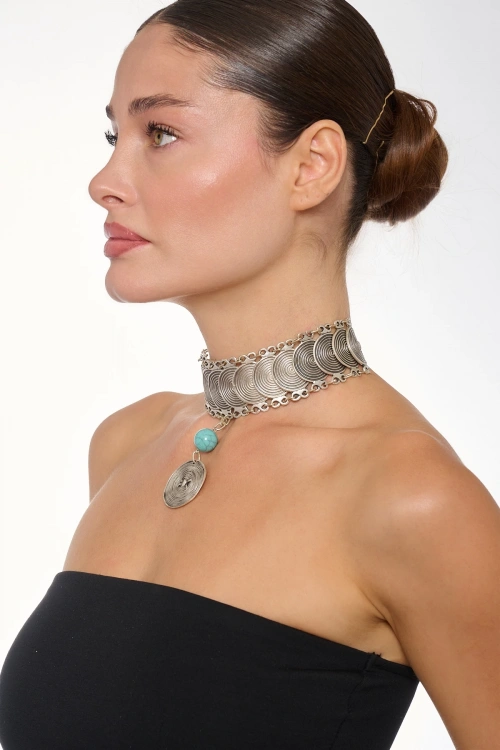 Kiraz Blue Beaded Silver Plated Choker