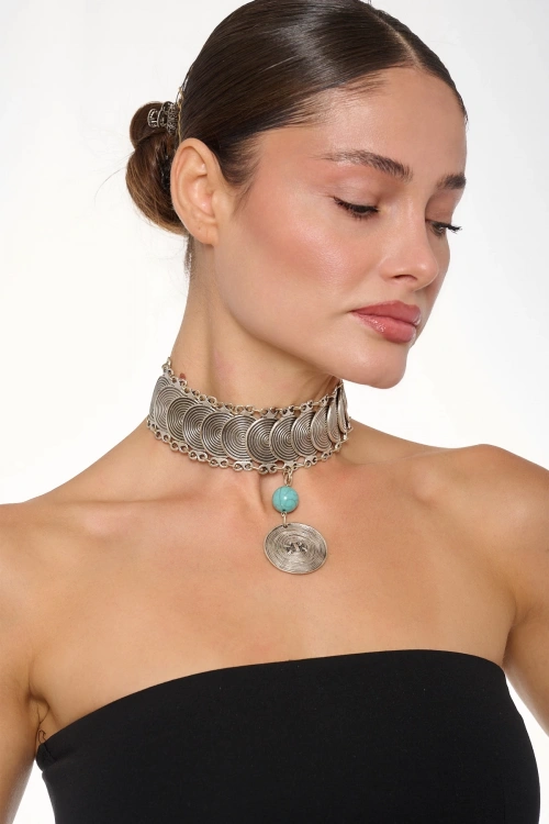 Kiraz Blue Beaded Silver Plated Choker