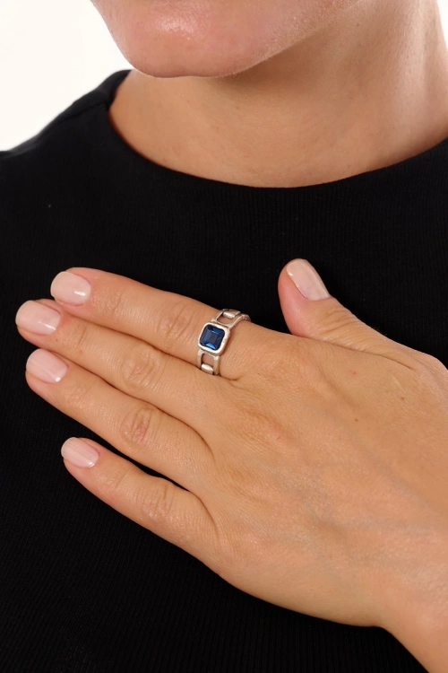 Kiraz Navy Blue Crystal Stoned Silver Plated Ring