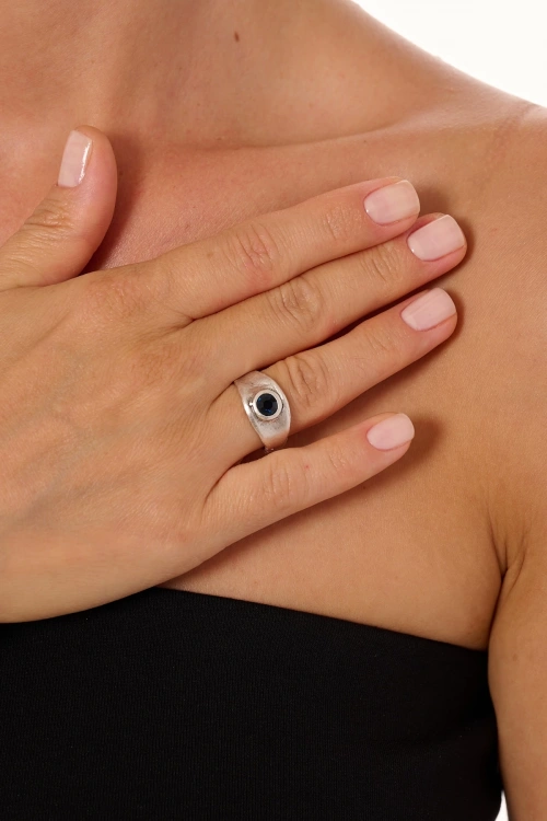 Kiraz Navy Blue Crystal Silver Plated Ring