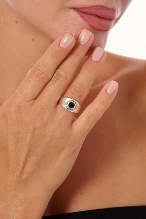 Kiraz Navy Blue Crystal Silver Plated Ring