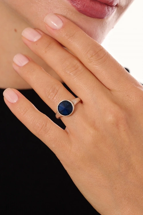 Kiraz Navy Blue Crystal Silver Plated Ring