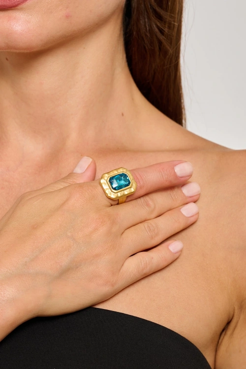 Kiraz Blue Crystal Stoned Gold Plated Ring