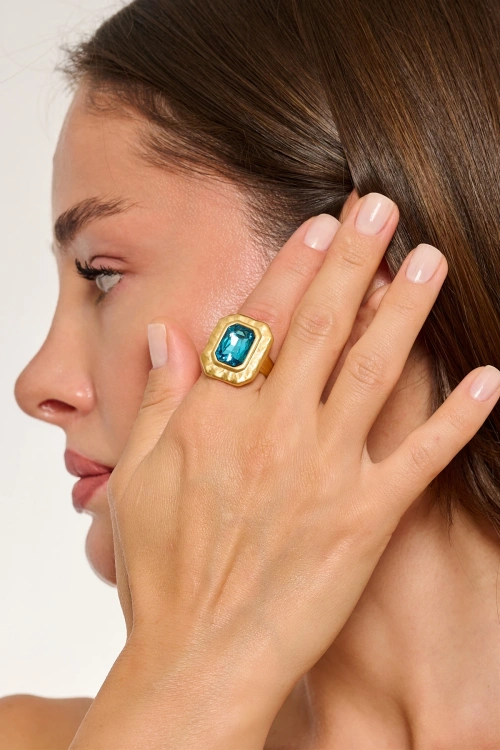 Kiraz Blue Crystal Stoned Gold Plated Ring