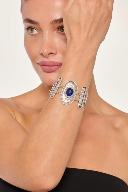 Kiraz Blue Crystal Stoned Silver Plated Bracelet