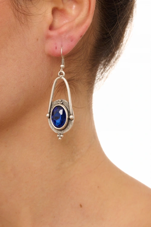 Kiraz Blue Crystal Stoned Silver Plated Earring