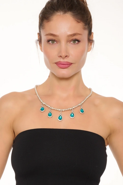 Kiraz Blue Crystal Stoned Silver Plated Necklace