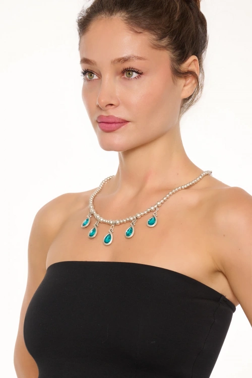 Kiraz Blue Crystal Stoned Silver Plated Necklace