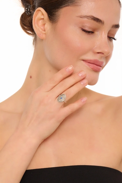 Kiraz Blue Crystal Stoned Silver Plated Ring