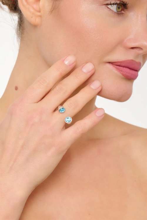 Kiraz Blue Crystal Stoned Silver Plated Ring