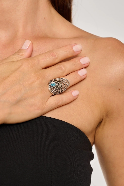 Kiraz Blue Crystal Stoned Silver Plated Ring