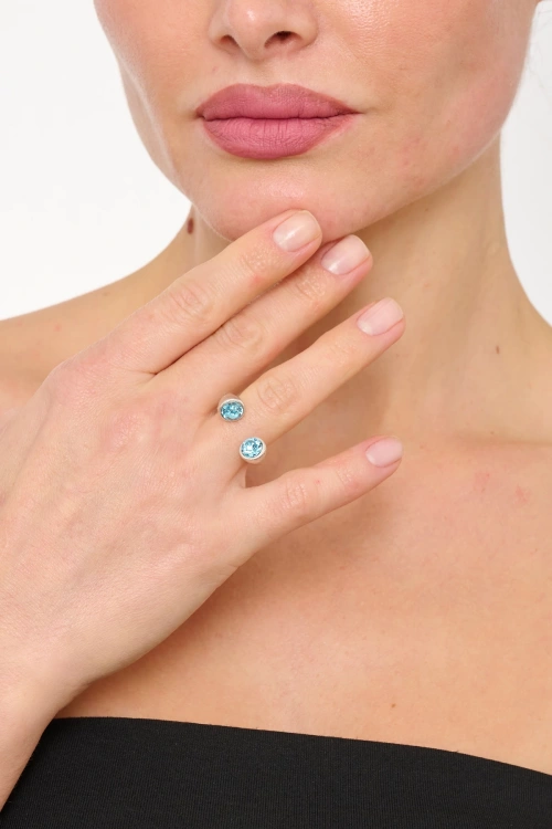 Kiraz Blue Crystal Stoned Silver Plated Ring