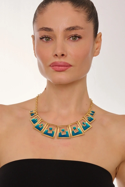 Kiraz Blue Enameld Gold Plated Necklace