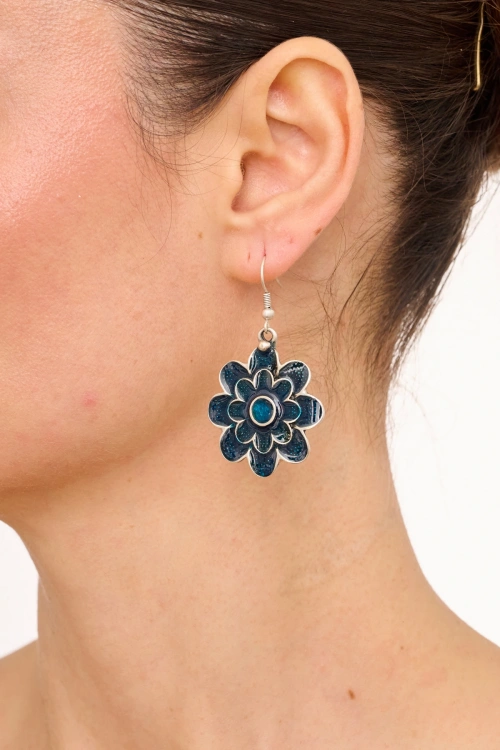 Kiraz Blue Enameld Silver Plated Flower Earring