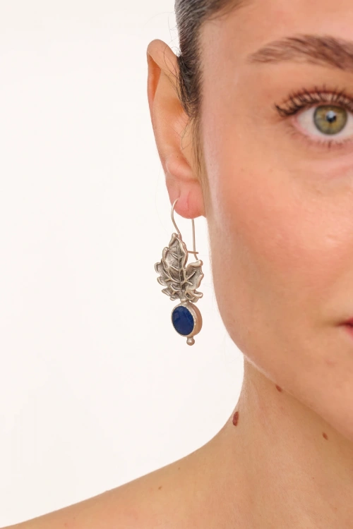 Kiraz Blue Enameld Silver Plated Leaf Earring
