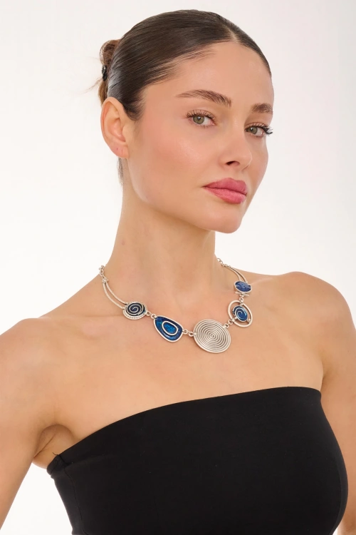 Kiraz Blue Enameld Silver Plated Necklace