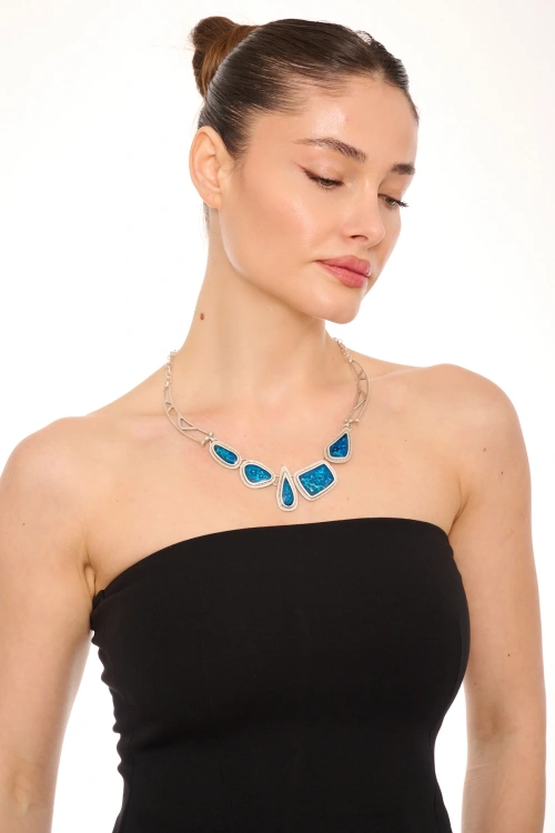 Kiraz Blue Enameld Silver Plated Necklace