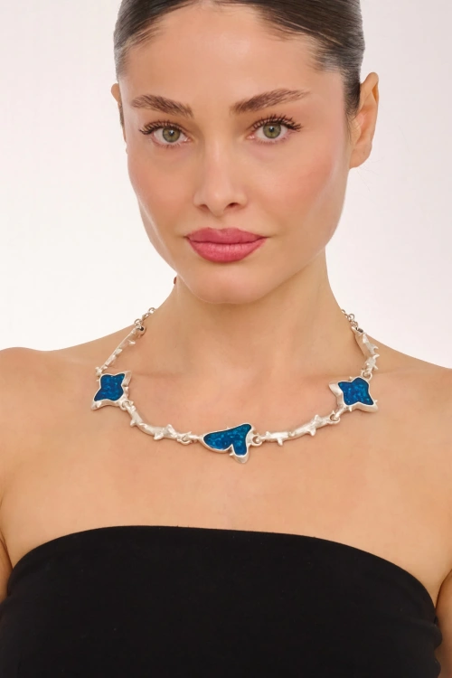 Kiraz Blue Enameld Silver Plated Necklace
