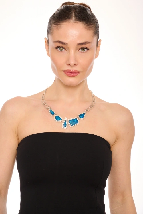 Kiraz Blue Enameld Silver Plated Necklace