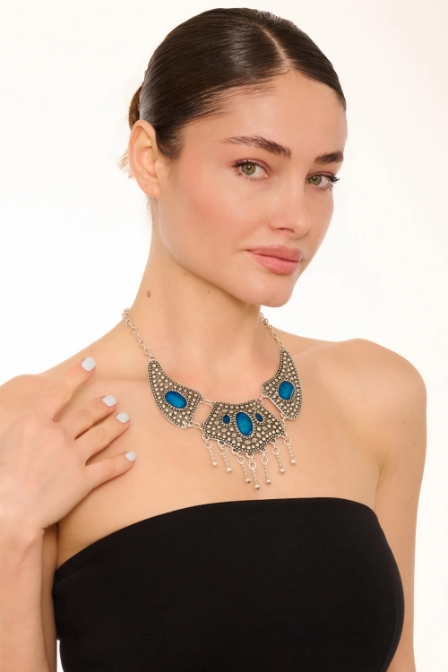 Kiraz Blue Enameld Silver Plated Necklace