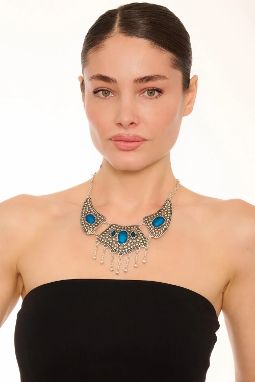 Kiraz Blue Enameld Silver Plated Necklace