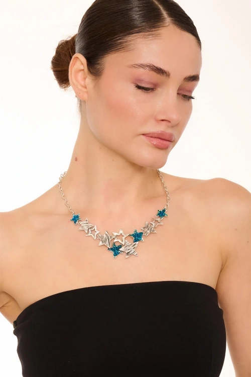 Kiraz Blue Enameld Silver Plated Star Necklace