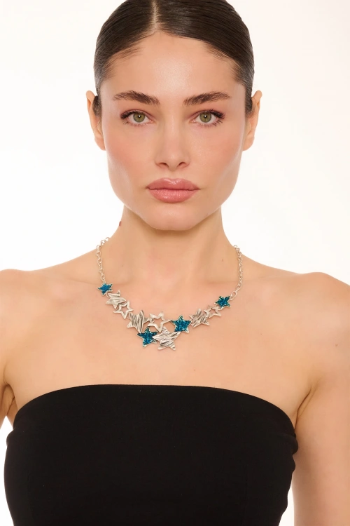 Kiraz Blue Enameld Silver Plated Star Necklace
