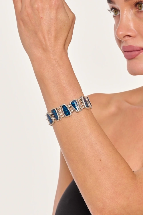 Kiraz Blue Enameled Silver Plated Bracelet