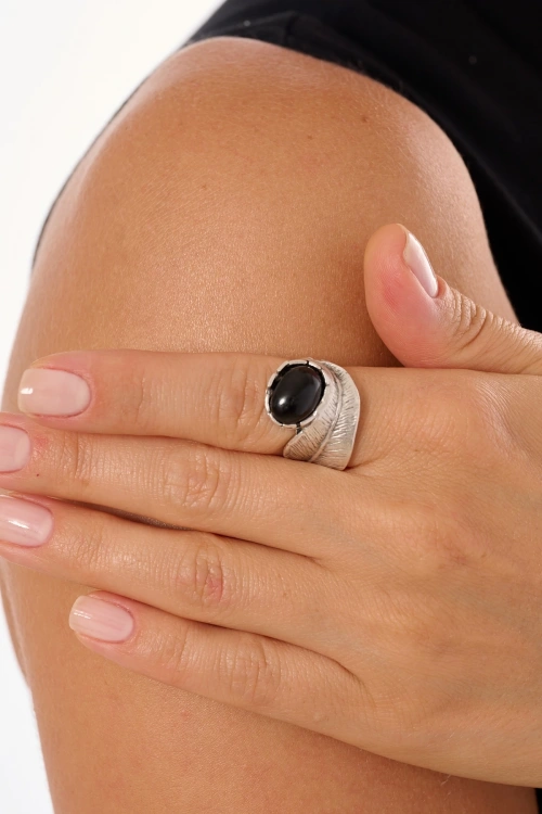 Kiraz Black Stoned Silver Plated Ring