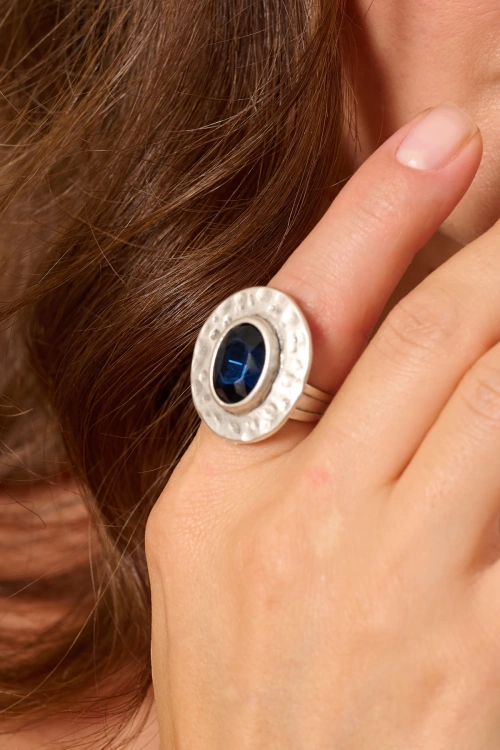 Kiraz Navy Blue Crystal Stoned Silver Plated Ring