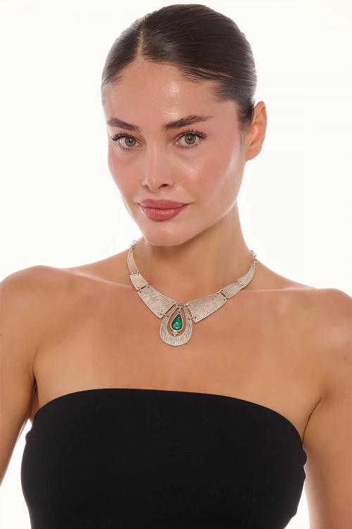 Kiraz Green Enameled Silver Plated Necklace