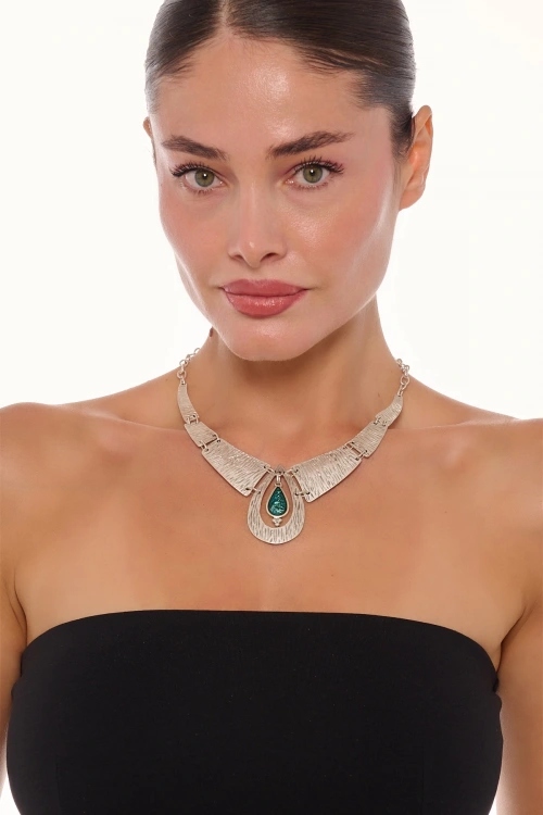 Kiraz Green Enameled Silver Plated Necklace