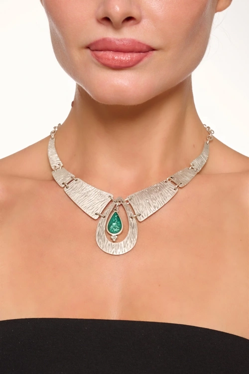 Kiraz Green Enameled Silver Plated Necklace